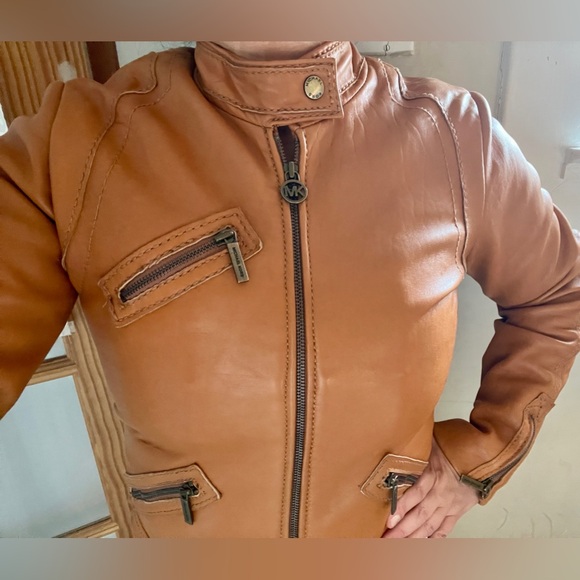 Michael KORS Leather Moto Jacket Biker Coat MK Khaki Cargo Zipper Retro City VTG - Picture 3 of 16